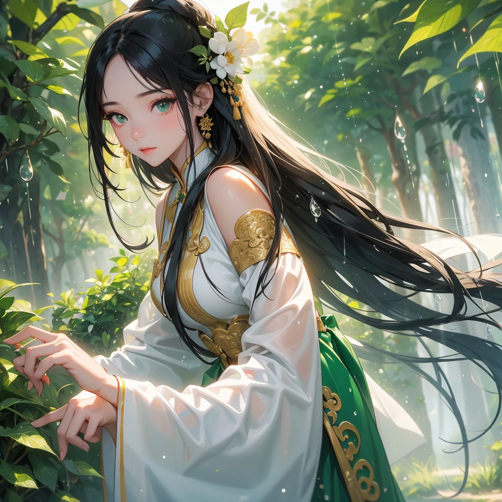 A beautiful girl with black long hair, wear white ancient chinese clothes, with the sun shining on her face, close up.

Background is trees, vegetables, lush green, with water drops after rain, with water droplets everywhere, green