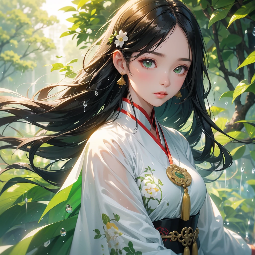 A beautiful girl with black long hair, wear white ancient chinese clothes, with the sun shining on her face, close up.
Background is trees, vegetables, lush green, with water drops after rain, with water droplets everywhere, green
