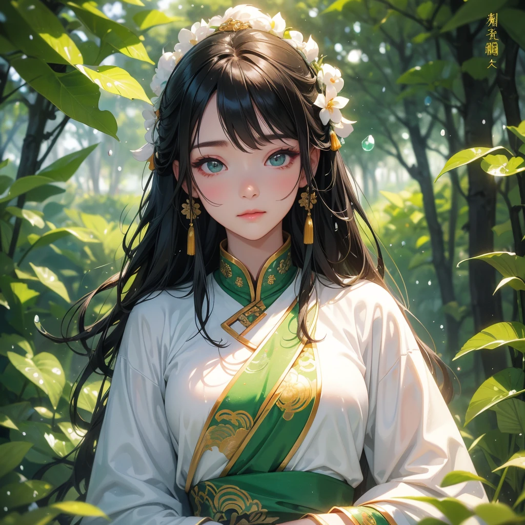A beautiful girl with black long hair, wear white ancient chinese clothes, with the sun shining on her face, close up.
Background is trees, vegetables, lush green, with water drops after rain, with water droplets everywhere, green