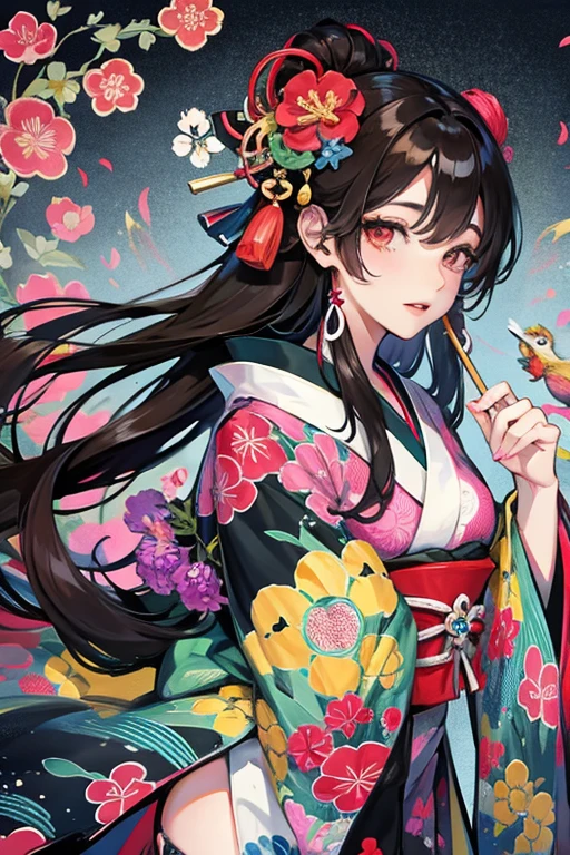A beautiful woman in a kimono shows her upper white teeth、Vividly colored Japanese Ukiyo-e style illustrations、SeaArt creates stunning illustrations of beautiful women in kimono、Brown-black long hair、Full Body Style、Beautiful digital illustrations,、Beautiful digital painting, Anime CG art, Detailed digital anime art, Beautiful anime portraits