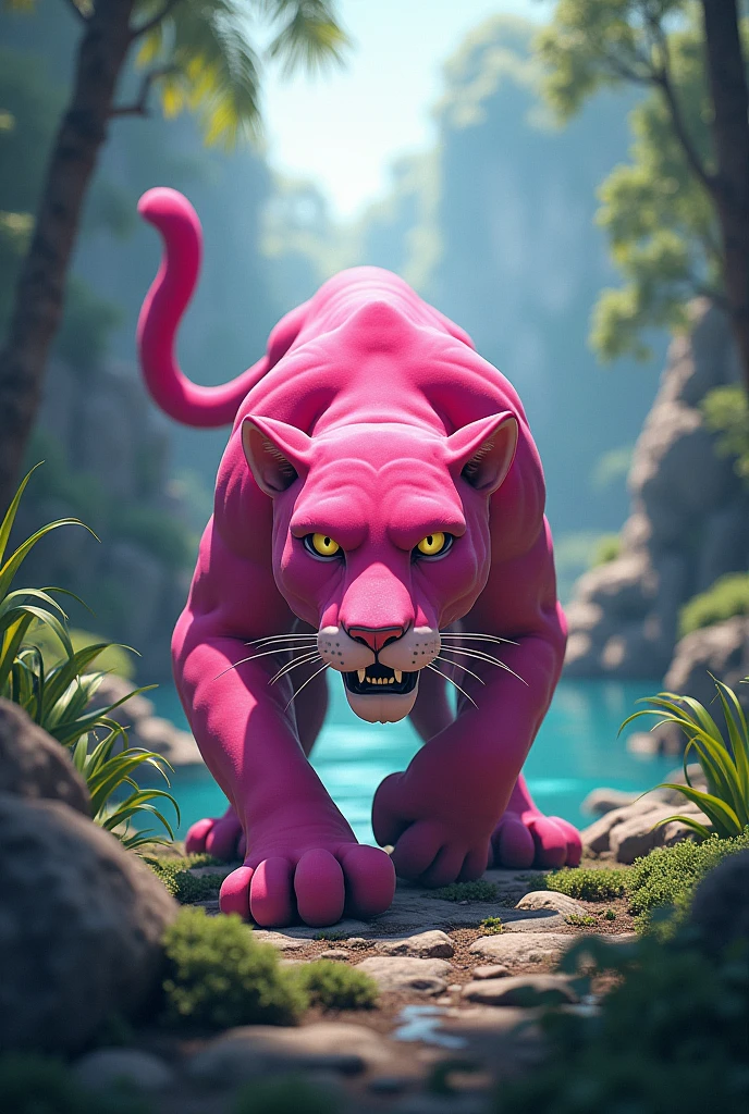 A pink panther ((aggressive), in attack position, rocks and lake around, highly detailed nature environment, high quality picture, hyper realistic, cinematic look, HD in 32k--ar 3:2--in style cartoon, draw