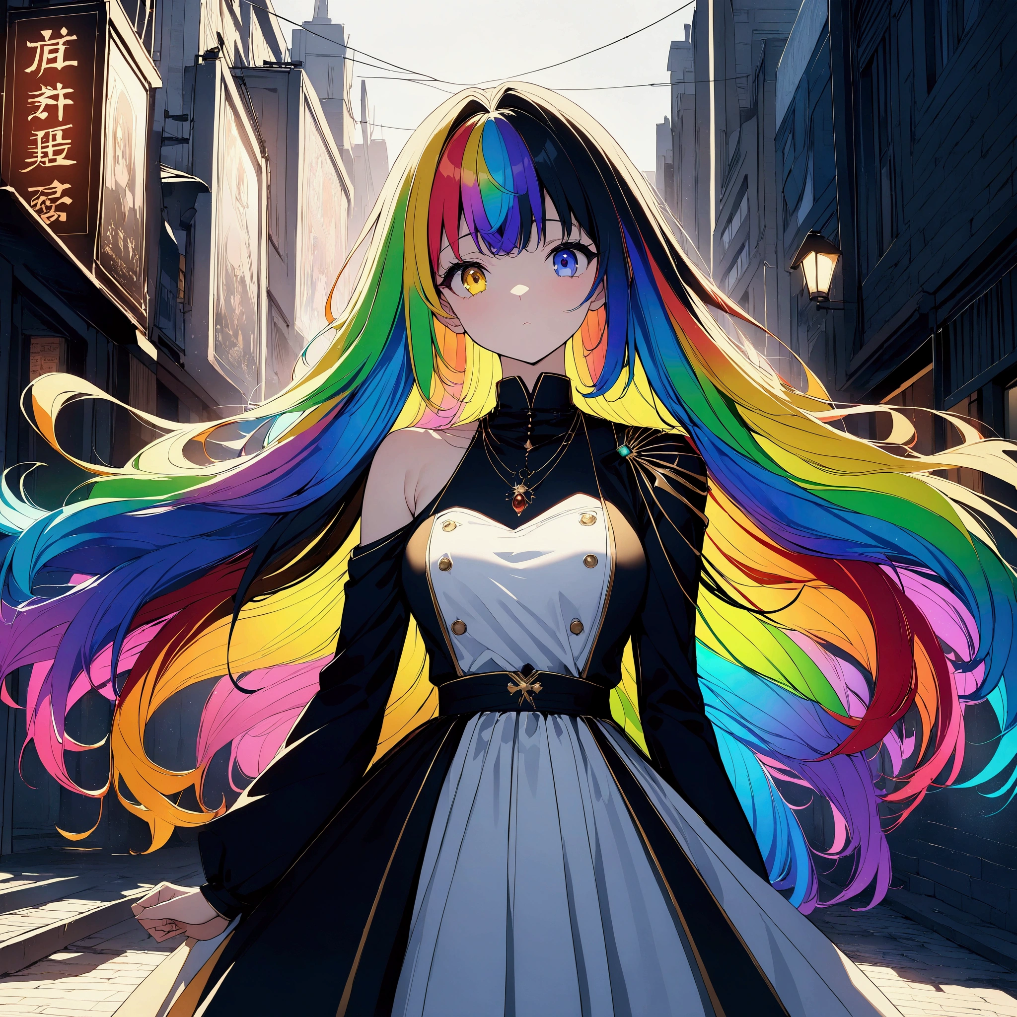 (((anime))) One Woman,Gal,Long Hair,(Rainbow Hair),Bangs parted in the center,blackのヘッドフォン,necklace,Look here,Heterochromia iridis,blue eyes,(Yellow Eyes),Big Eyes One Shoulder Dress,Volume sleeve,(black),Jade Writings,Green Knight,City of night,signboard,Street lamp light,Backlight,masterpiece,Highest quality,Exquisite,8k,Absurd,Ultra-fine illustrations,(View your audience)