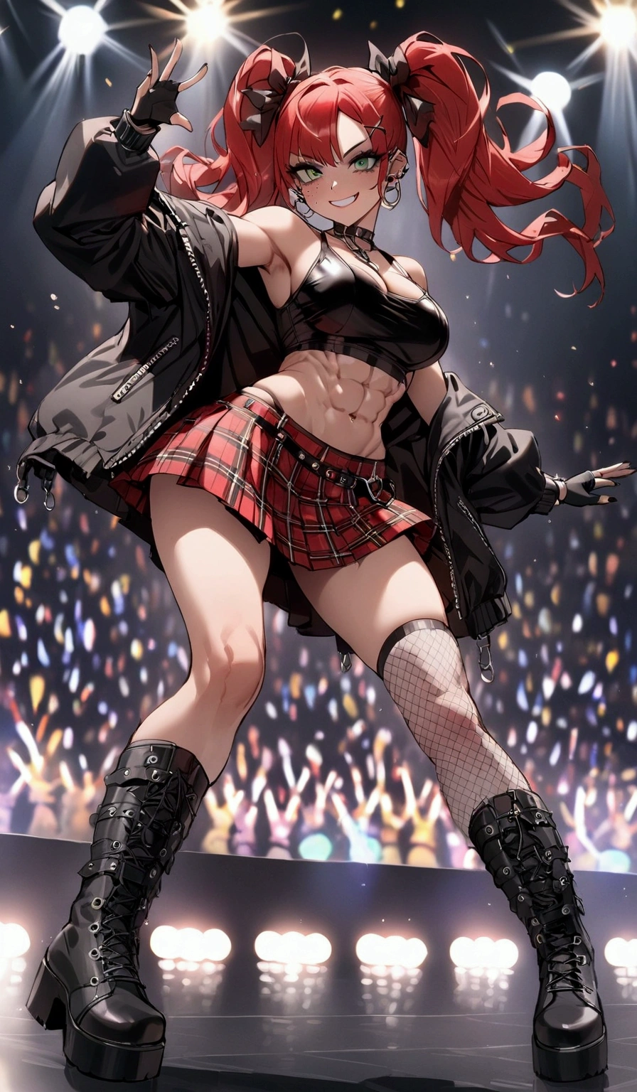 woman, grin, curly red hair in pig tails with ribbons, green eyes, black eyeshadow, wearing crop top black shirt, black jacket, red plaid skirt, black knee high boots, black fingerless gloves, exposed shoulders, large breasts, freckles, abs, cleavage, looking up at viewer, masterpiece, best quality, Holo-Punk Style, dancing on stage, rockstar, make up, eyelashes, fish net undershirt, fish net stockings, (full body)