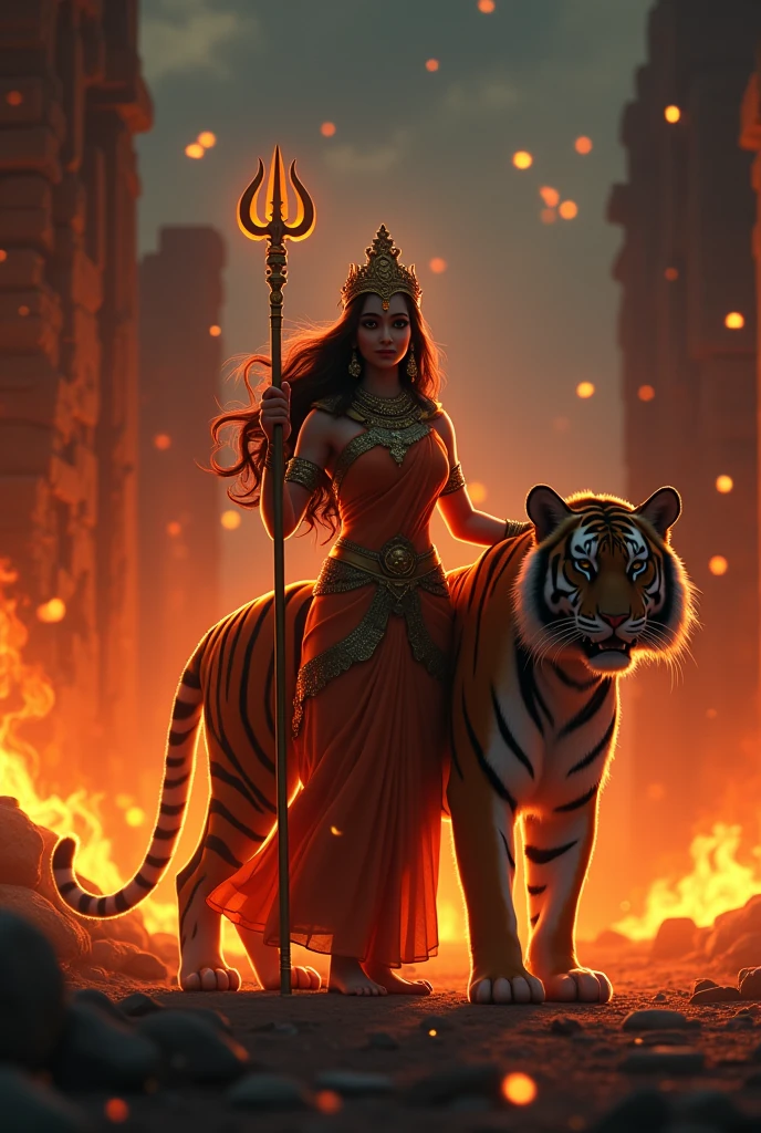 cinematic animated character art, shillouete of a woman dressed as godess durga, wearing a saree, standing alongside a majestic tiger , focused expression, wearing golden crown and holding a glowing trident, ruins set on fire, night, glowing fireflies in atmosphere, darkness in atmosphere, colour graded, vibrant, 4khd