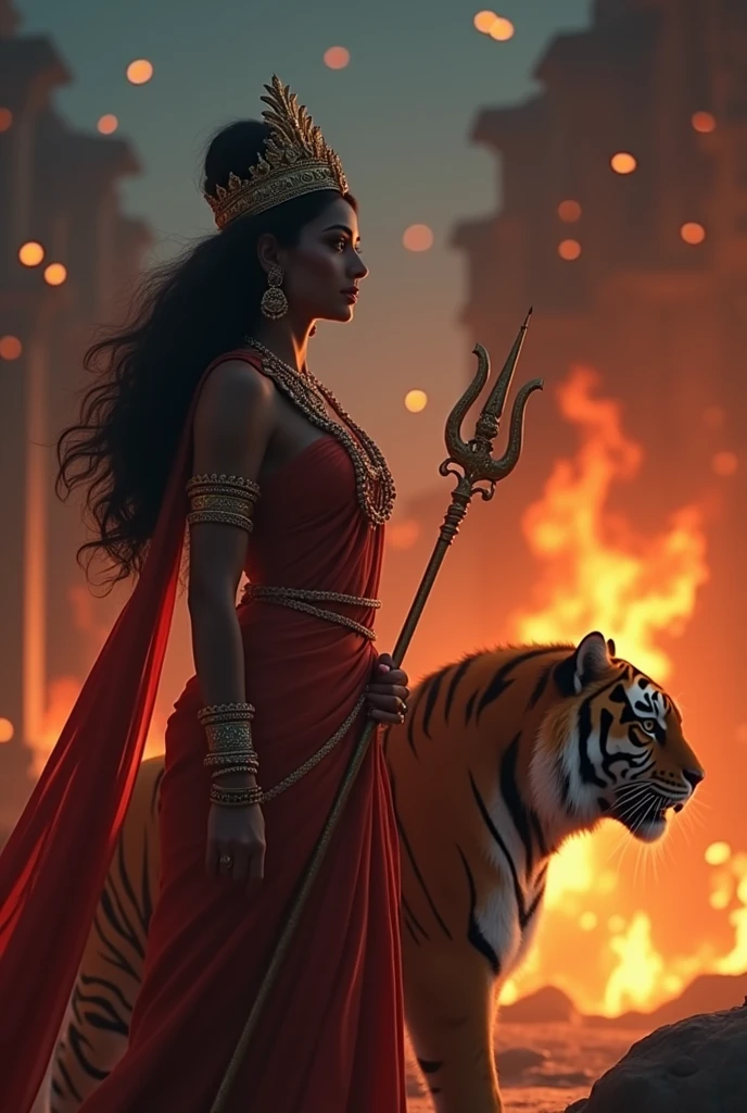 cinematic animated character art, shillouete of a woman dressed as godess durga, wearing a saree, standing alongside a majestic tiger , focused expression, wearing golden crown and holding a glowing trident, ruins set on fire, night, glowing fireflies in atmosphere, darkness in atmosphere, colour graded, vibrant, 4khd