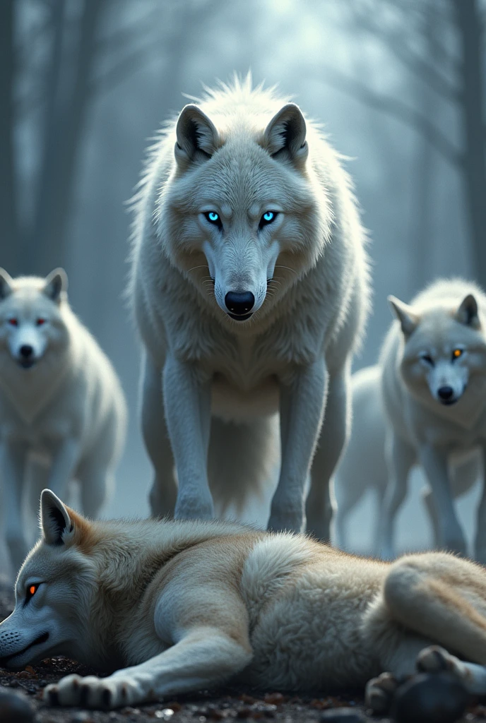 a fierce Alpha White wolf with blue and red eyes team Wolf style standing fierce, on the ground an alpha with a slightly blue coat lying on the ground injured and dead.
Several mixed-breed wolves watching