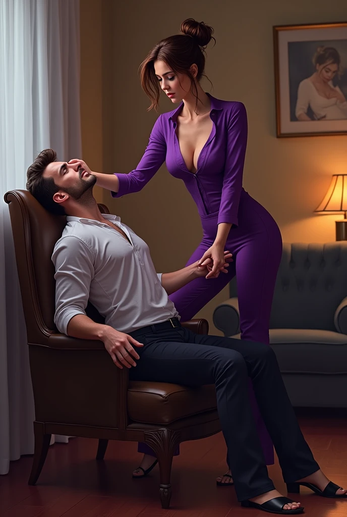 Beautiful Mistress,brown bun hairs, wearing purple boot-cut pants, wearing purple blouse, wearing black home sandals,mistress shouting on man,tying with rope, man tying in chair , man is mistress's hostage, mistress puts her foot on man's face, foot on face 