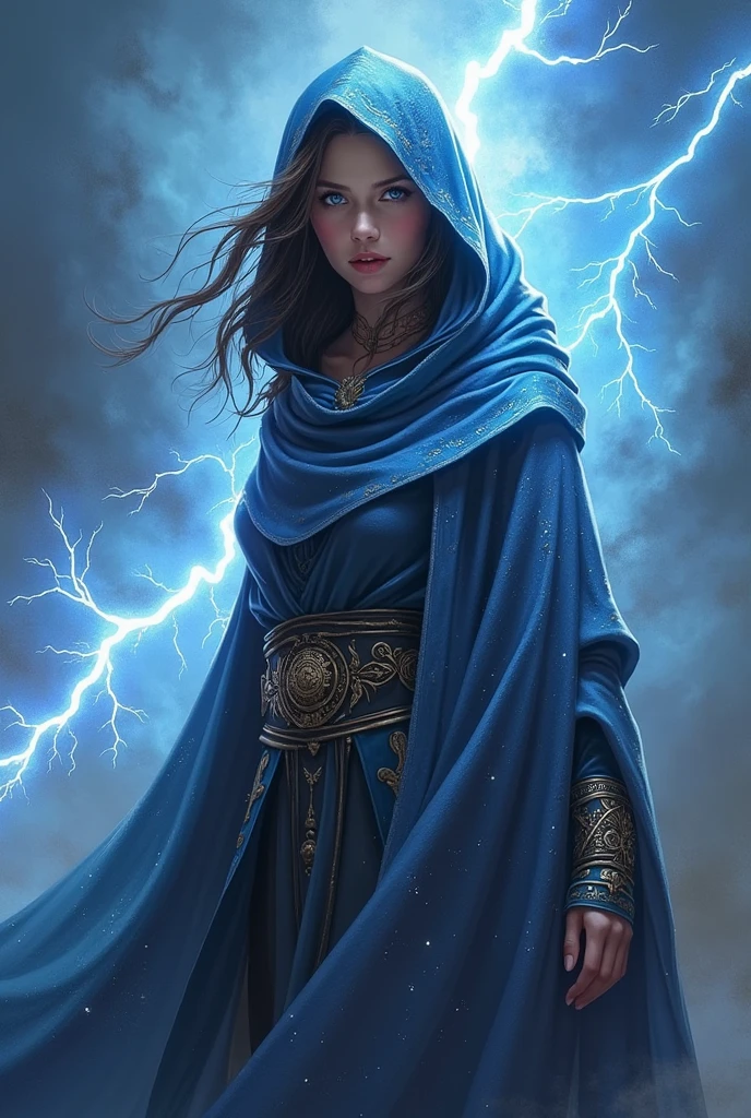 Grandmaster of Lightning, female, realistic, hooded cloak, beautiful, mystic, young