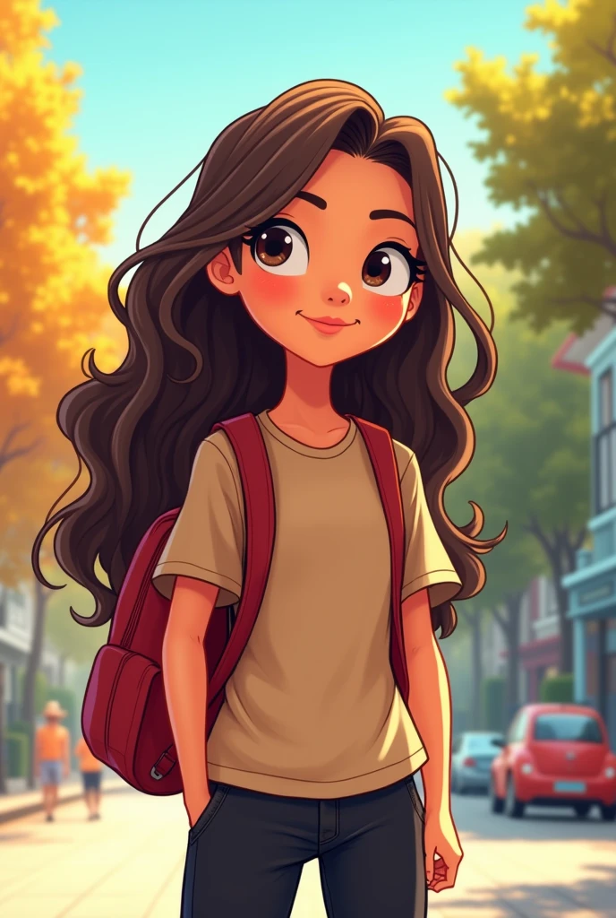create a girl that wears light brown tshirt and black pants with school bag she has long hair also. Adopt the design of nickelodeon