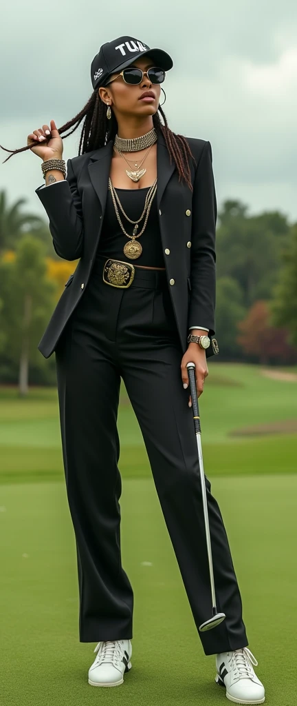 a female rapper in a formal baller golf outfit with hip hop motifs, on a golf course, with a badass commanding posture and rap gestures, (best quality,4k,8k,highres,masterpiece:1.2),ultra-detailed,(realistic,photorealistic,photo-realistic:1.37),detailed eyes,detailed lips,extremely detailed face,long eyelashes,intricate golf club details,complex golf ball textures,dynamic lighting,dramatic shadows,vivid colors,cinematic composition,professional photography