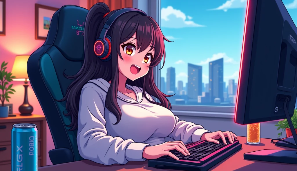Perfect image, 8k, night、Energy Drinks、Sit in a gaming chair、Private room、Playing rhythm games on a PC、high school girl、Big Breasts、cute、looks fun、excited、smile、long hair、 Loungewear、Using headphones、City view outside the window、2D-style animation, Lo-Fi、Retro、Anime style illustrations、Line art with clear outlines