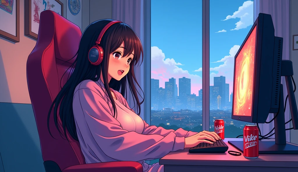 Perfect image, 8k, night、Energy Drinks、Sit in a gaming chair、Private room、Playing rhythm games on a PC、high school girl、Big Breasts、cute、looks fun、excited、smile、long hair、 Loungewear、Using headphones、City view outside the window、2D-style animation, Lo-Fi、Retro、Anime style illustrations、Line art with clear outlines