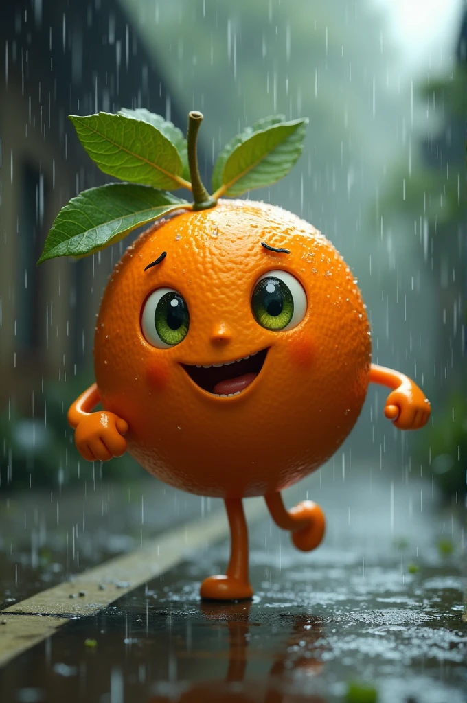 There is an orange with eyes and it is raining behind and the orange is dancing