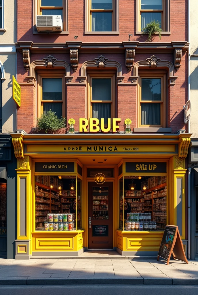 Realistic facade of a liquor store with the name Rbuf and details alluding to beers, in yellow