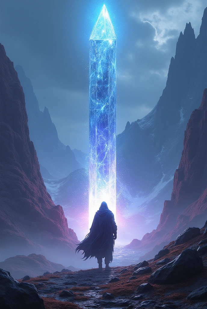 An adventurer guy is facing a colossal crystal the size of 3 skyscrapers in a mountainous area with cosmic aura. The crystal looks cosmic and so does the area. Make the area and Crystal's glow very intense blue, purple, and scarlet. Make the perspective like god of war games. Give the guy hair. Give the guy a smoky aura and give him a long cloak with a hood