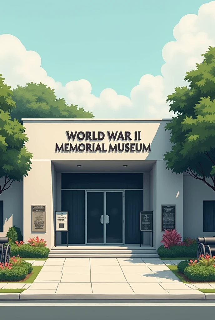 2D of  a has an exterior that reflects a blend of solemnity and historical significance. The building itself is modest, with a façade that features clean, simple lines and a neutral color palette, often incorporating light grey or beige tones. The entrance is marked by a prominent sign displaying the museum's name, sometimes accompanied by images or symbols related to World War II, such as the silhouette of soldiers or the iconic Bataan Death March. Surrounding the museum, well-maintained grounds often include small gardens or landscaped areas with shrubs and flowering plants, creating a serene atmosphere. There might be outdoor displays of historical artifacts, such as military vehicles, cannons, or memorial plaques, that provide a preview of the exhibits inside. The overall appearance of the museum is respectful and educational, designed to honor the memory of those who served and suffered during the war, while also serving as a place for reflection and learning.