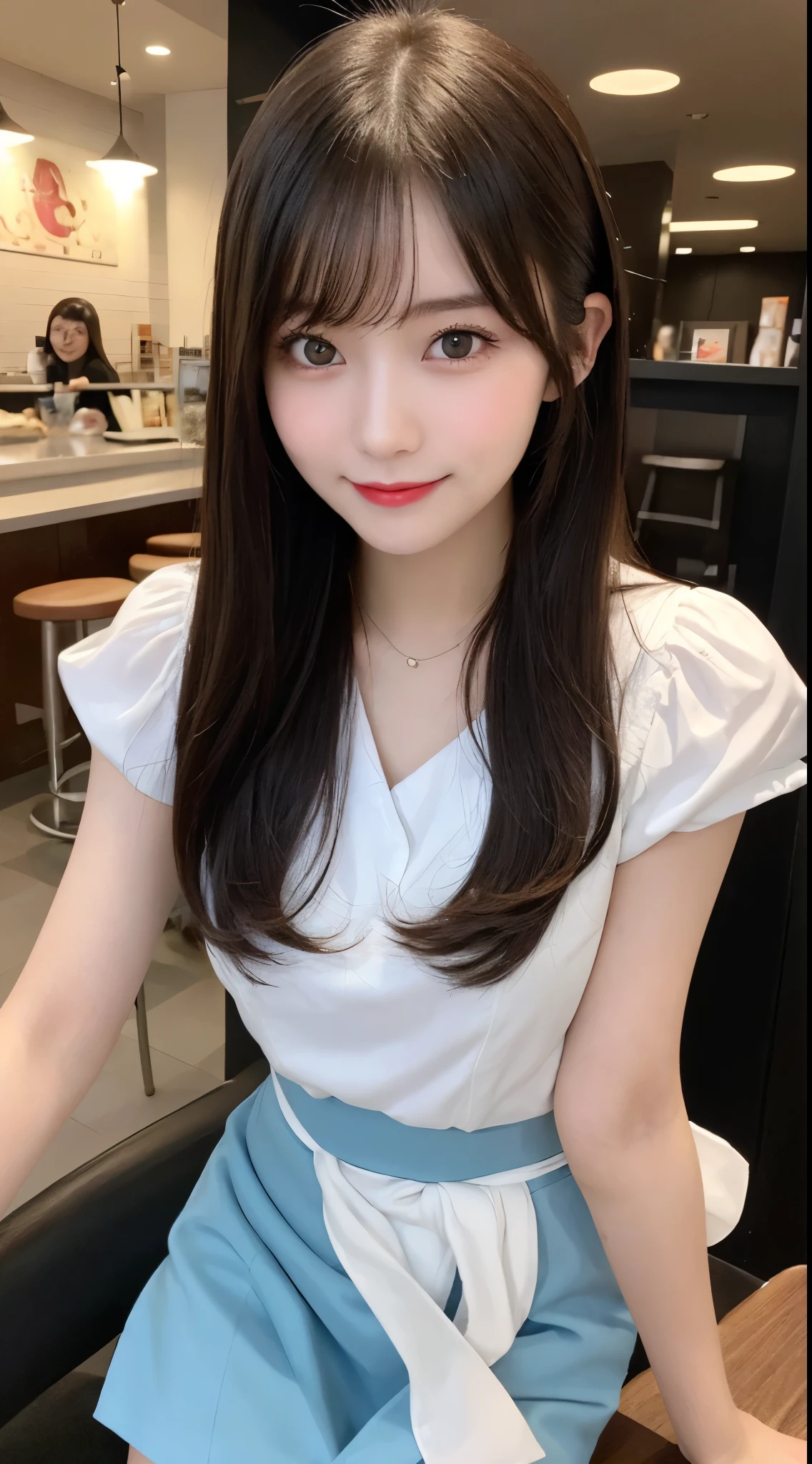 Tabletop, Highest quality, shape, Very detailed, finely, High resolution, 8k wallpaper, 完璧なダイナミックな構shape, Beautiful and detailed,ランダムなcute髪,,Natural color lip, Bold sexy pose,smile、20-year-old girl、cute、Looking into the camera,Always blur the background,Perfect and beautiful face,Slim face and figure,Big eyes、Putting on gal makeup,Small face,Shooting from below、smile,Blurred Background,Elegant feminine face、Cyberpunk Fashion、smile、Cosplayers(Waitress figure-covering flared skirt girly fashion)