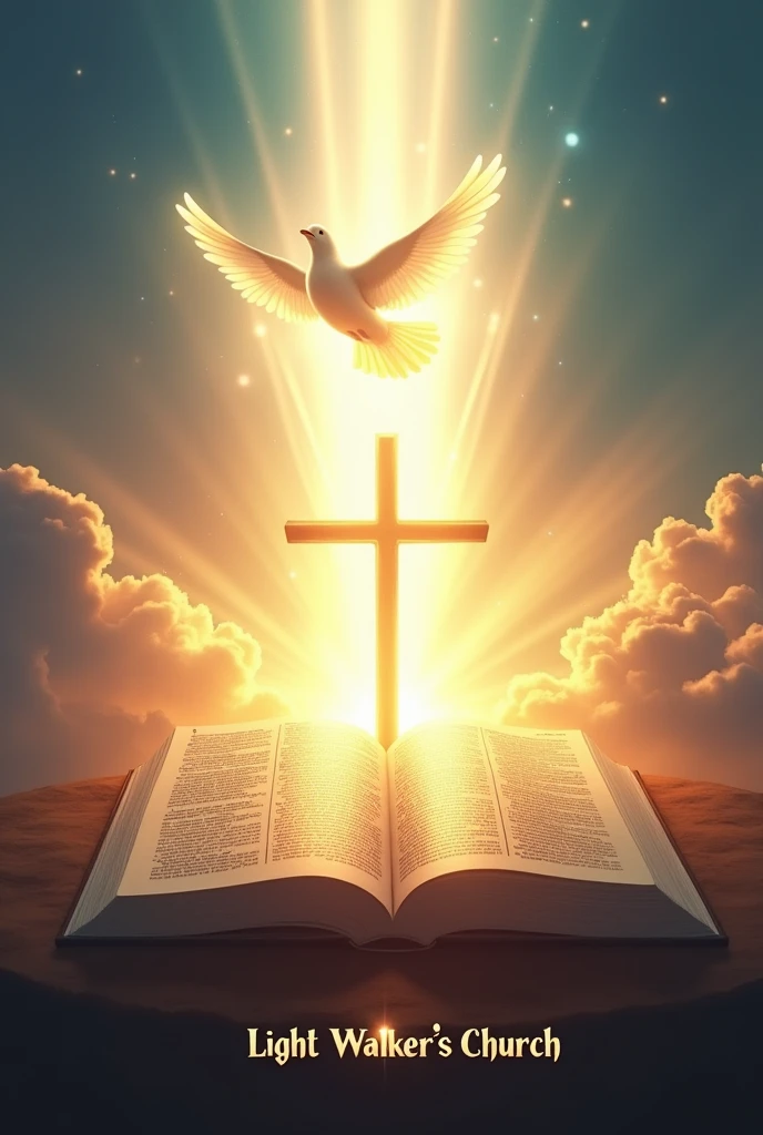 Bright Light shone from Bible with the cross in the middle and holy spirit on top like a dove and write "Light Walker's church" at the bottom, heavenly background
