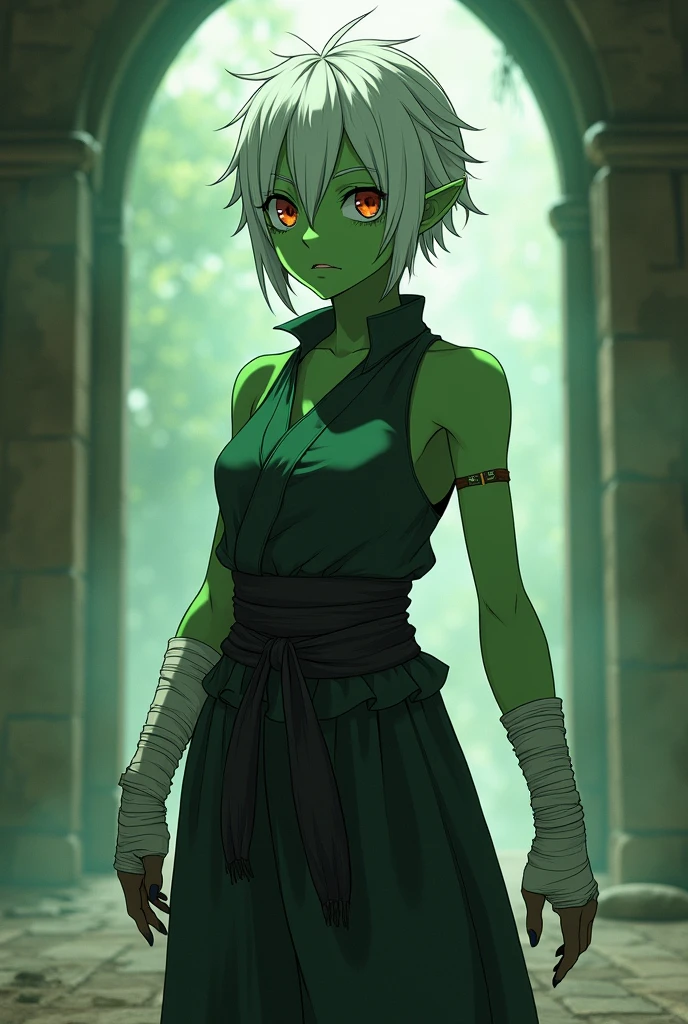 A young half-orc woman, de pele verde, thin and short, short white hair, with clothing similar to that of a martial artist, with some bandages on his hands. made with anime style, but with thick and gothic features