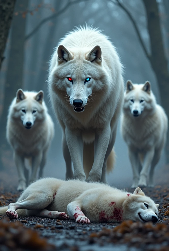 a fierce Alpha White wolf with blue and red eyes team Wolf style standing fierce, on the ground an alpha with a slightly blue coat lying on the ground injured and dead.
Several mixed-breed wolves watching