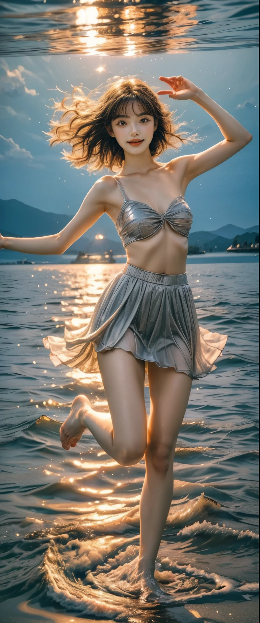 ((masterpiece, best quality, Highest image quality, high resolution, Reality, RAW photos, 8K)), People dancing on the sea, Two women in short skirts, Smile, Dancing hand in hand, exposed toes, Posing elegantly, Beautiful side profile of a woman, Ripples spread across the water, Angle from Above,