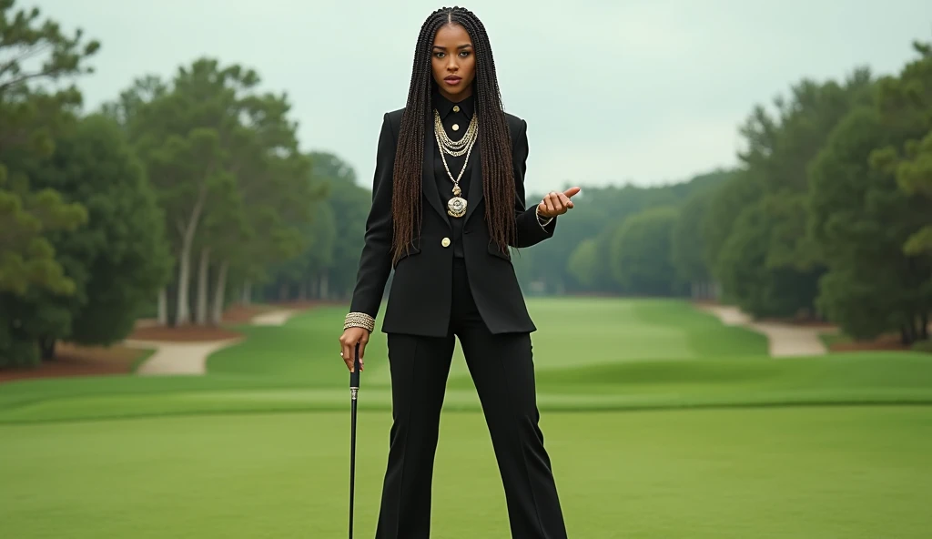a female rapper in a formal baller golf outfit with hip hop motifs, on a golf course, with a badass commanding posture and rap gestures, (best quality,4k,8k,highres,masterpiece:1.2),ultra-detailed,(realistic,photorealistic,photo-realistic:1.37),detailed eyes,detailed lips,extremely detailed face,long eyelashes,intricate golf club details,complex golf ball textures,dynamic lighting,dramatic shadows,vivid colors,cinematic composition,professional photography