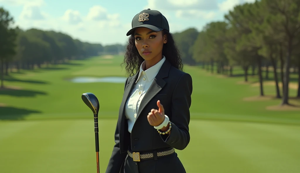 a female rapper in a formal baller golf outfit with hip hop motifs, on a golf course, with a badass commanding posture and rap gestures, (best quality,4k,8k,highres,masterpiece:1.2),ultra-detailed,(realistic,photorealistic,photo-realistic:1.37),detailed eyes,detailed lips,extremely detailed face,long eyelashes,intricate golf club details,complex golf ball textures,dynamic lighting,dramatic shadows,vivid colors,cinematic composition,professional photography