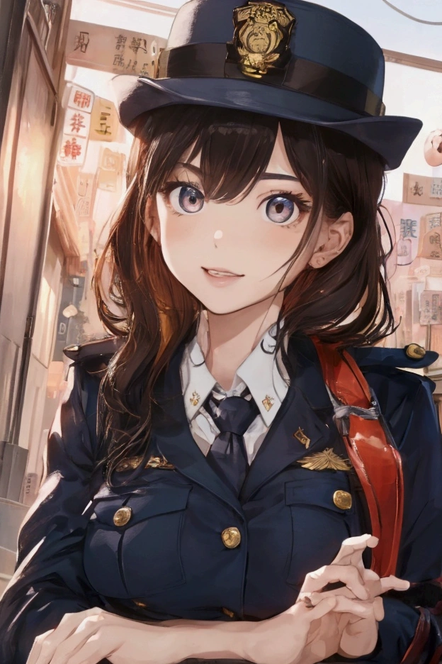 (ultra highres、ultra quality、Masterpiece、8k),A girl with light hair drawn in high resolution policewoman.japannse police woman、Young and cute 、Asian woman,s hot, Japanese Model, Cute Core, Chubby、wear a hat 、big breast、Town、White blouse