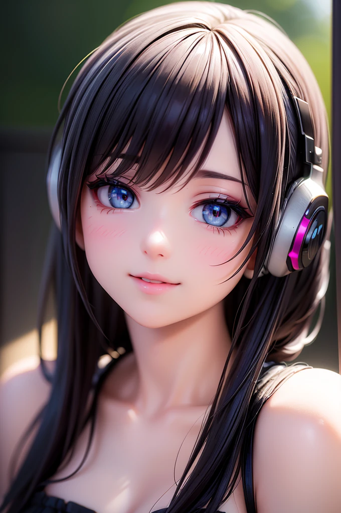a smiling girl wearing headphones, beautiful detailed eyes, beautiful detailed lips, extremely detailed eyes and face, long eyelashes, beautiful detailed girl, warm lighting, detailed facial features, happy expression, soft focus, cinematic lighting, vibrant colors, intricate details, digital painting, oil painting, masterpiece, (best quality,8k,highres,masterpiece:1.2),ultra-detailed,(realistic,photorealistic,photo-realistic:1.37)