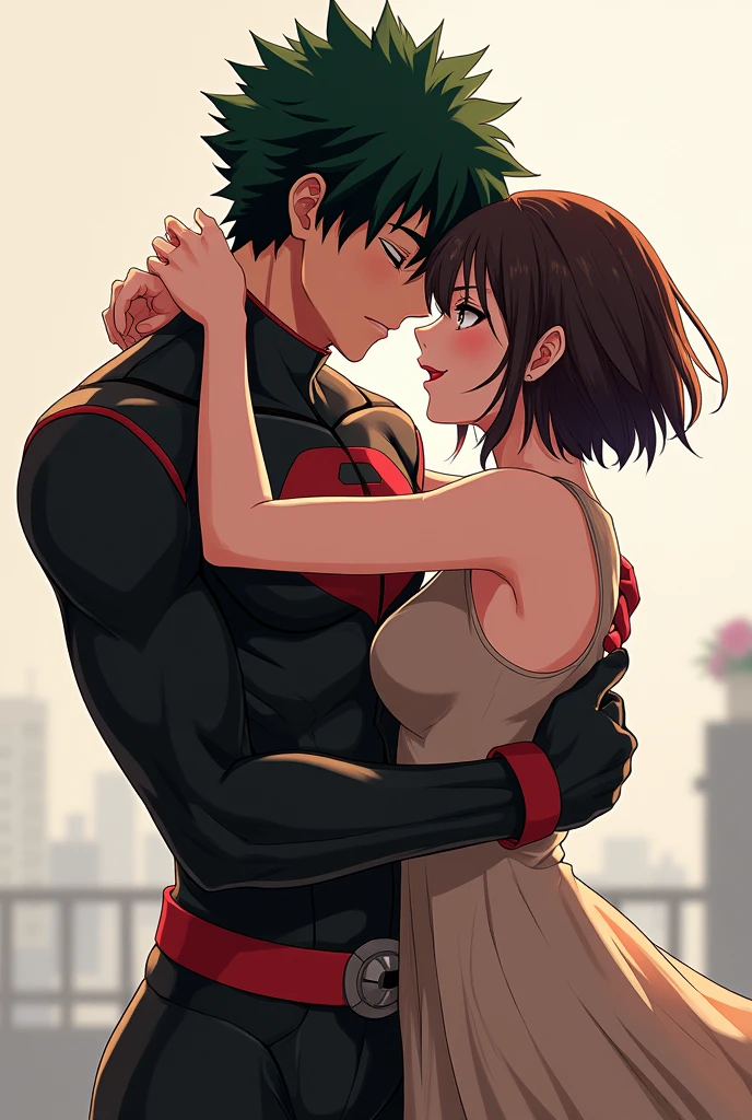 Make a woman bhna style, short layered hair with bangs, dark brown hair and dark brown eyes, that he is hugging bakugou katsuki tightly