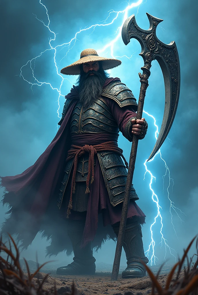"Créez une image réaliste et intense comme une photo d'un guerrier nommé FarmMasteR, avec un chapeau de paille. Le guerrier doit tenir une grande faux, représentant son expérience agricole. Le personnage doit être vêtu d'une armure médiévale de samouraï reflétant la lumière, il est affûté avec une présence unique et effrayante. Des éclair tournent autour de lui comme une aura. L'arrière-plan doit représenter un monde psionique avec des tons bleus, rempli d'éclair, dans un atmosphère intense. être dramatique, en soulignant l'apparence puissante et unique de FarmMasteR. Le nom « FarmMasteR » doit être affiché dans le fond de l'image dans une police gothique