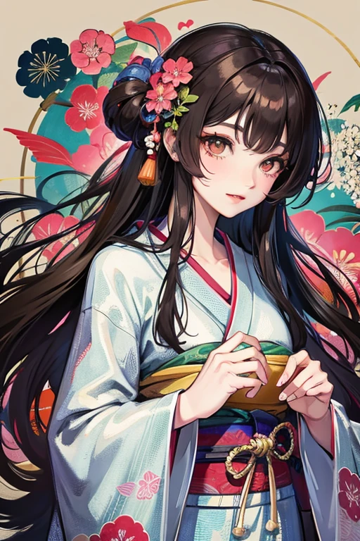 A beautiful woman in a kimono shows her upper white teeth、Vividly colored Japanese Ukiyo-e style illustrations、SeaArt creates stunning illustrations of beautiful women in kimono、Brown-black long hair、Full Body Style、Beautiful digital illustrations,、Beautiful digital painting, Anime CG art, Detailed digital anime art,  Beautiful anime portraits