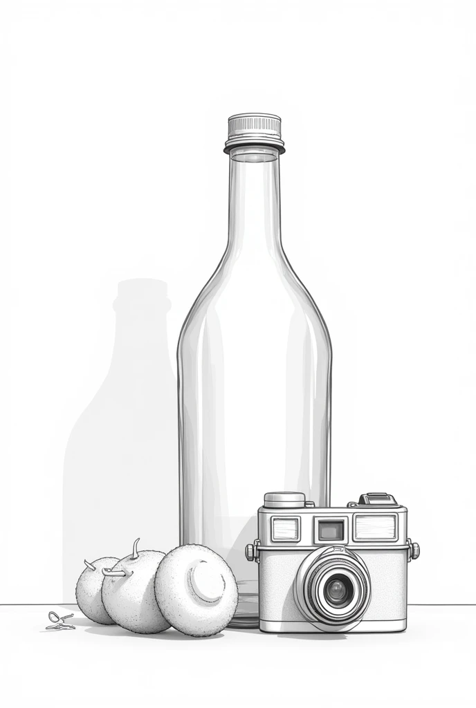 A bottle,A camera,Two-dimensional icons,Only black and white lines are used to outline