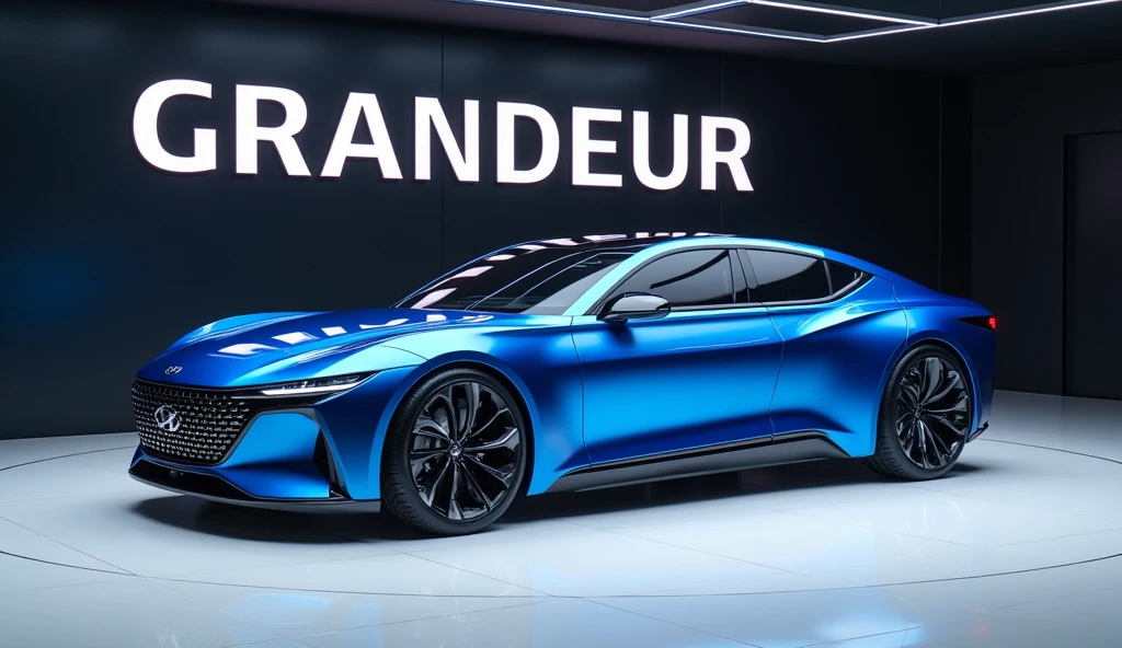 A stunning, futuristic (2025 Hyundai Grandeur ) takes center stage in a luxury white showroom. The vibrant (blue) exterior gleams, drawing attention to its sleek, aerodynamic design and bold accents. The (. 2025 Hyundai Grandeur) " is prominently displayed in large, metallic letters on the car, set against a dark wall. The ( upper up down side ) view showcases the cutting-edge innovation and technology of its time, inviting potential buyers to experience the future of automotive design and performance. This awe-inspiring image promises an unparalleled driving experience.