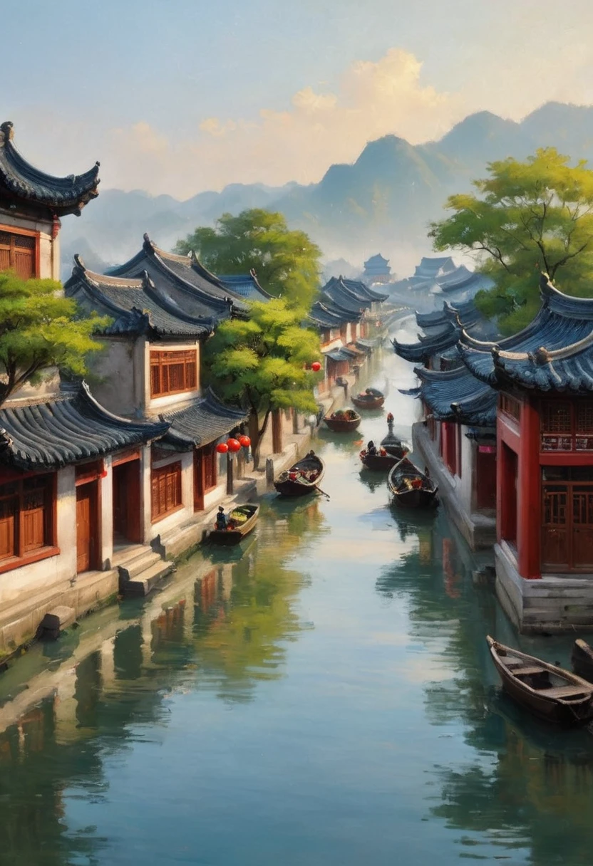 Masterpiece, best composition, oil painting of Jiangnan Water Township, China, featuring beautiful neoclassical and traditional Chinese water township architecture, elegant and atmospheric, impressionist oil painting style image.