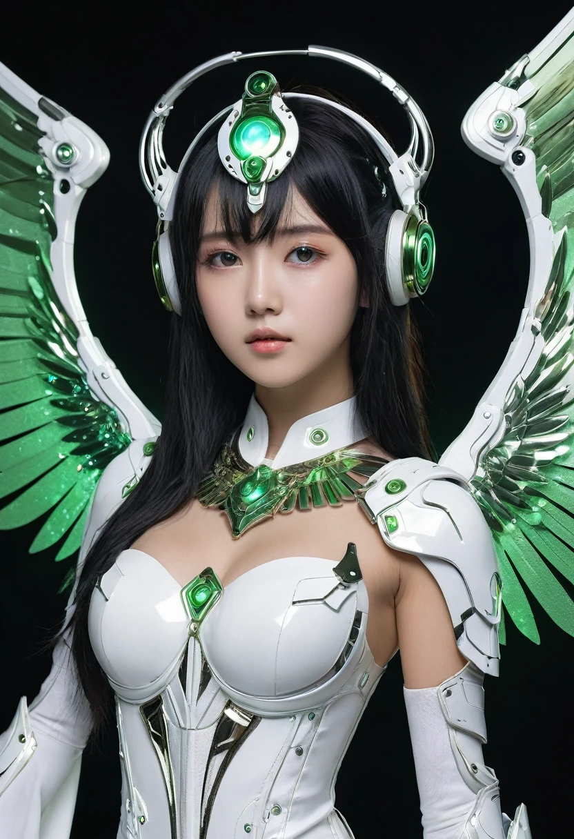 ((masterpiece, Highest quality, Best image quality, High resolution, Realistic, RAW Photos, 8k)), ((Highly detailed CG synthesis 8k wallpaper)), (So hot and beautiful、Beautiful feet、Full body portrait、whole、Incredible beauty, Perfect Proportions)、(((Japanese)))、((ung girl))、((((:1.4))))、blonde、Cowboy Shot、Corrosive、reflection、Ray Tracing、Demo Theme、compass、Greenling、Holiness、Cyber Effects、長いBlack Hair、Green Disk Device、Purple glowing reactor、Green Light Straight Head、alone、白とGreen decorationメカ、Dressed in white and green、Futuristic Bodysuit Dress、White and green Greek dress、Green decoration、銀のwing decoration、wing decoration、Hair decoration、Silver wing head ornament、白と緑のwing decoration、Mechanical Ear Cuff、Futuristic circular ear cuff、Mechanical Harrow、Hello Star、White and green futuristic body armor、Complex futuristic bodysuit、Mecha Corset、Stylish futuristic armor、Future Wing Gadget、Left and right disk units、Two complex futuristic flight plate gadgets、Futuristic gadget with left and right discs、Shining Futuristic Wing Core、Hair between the eyes、Black Hair、Starry Sky、Rainbow Eyes、Shining Eyes、Eye Imprint、Random facial expressions、Random Actions、Starry Sky、Skyline