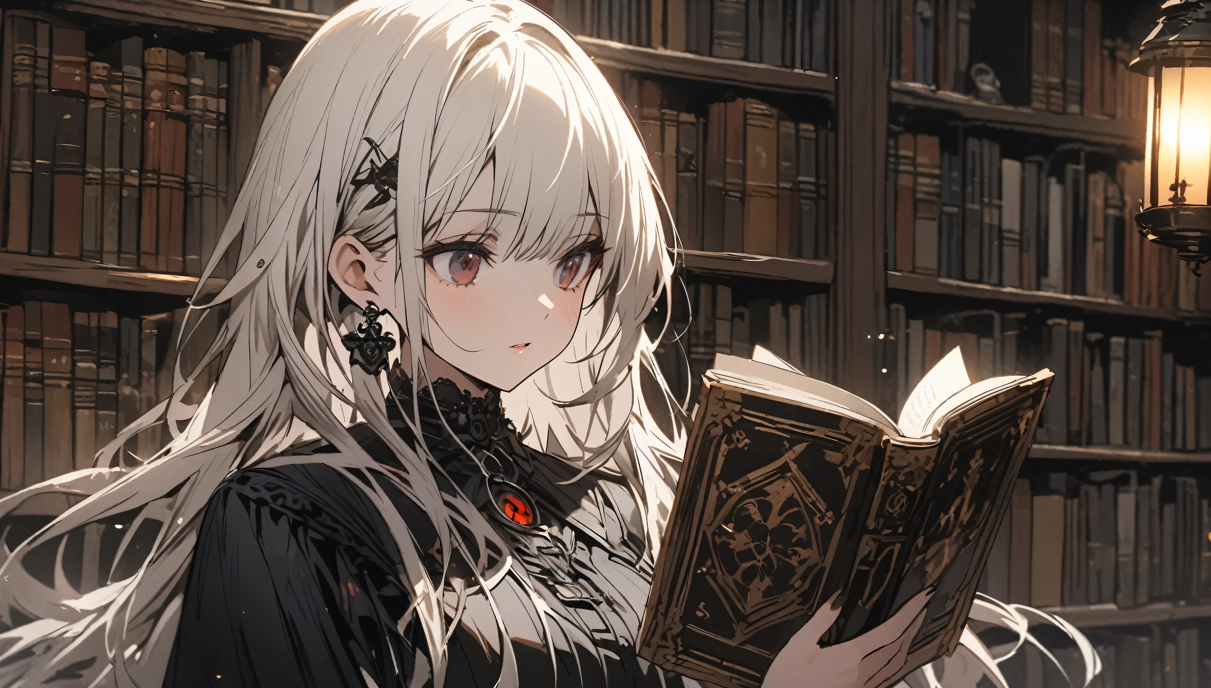 Beautiful girl with white hair，Wearing a black gothic skirt，Standing next to the bookshelf and reading a book，library，A metal lantern is placed nearby.，solo，Character Close-up，Detailed characters