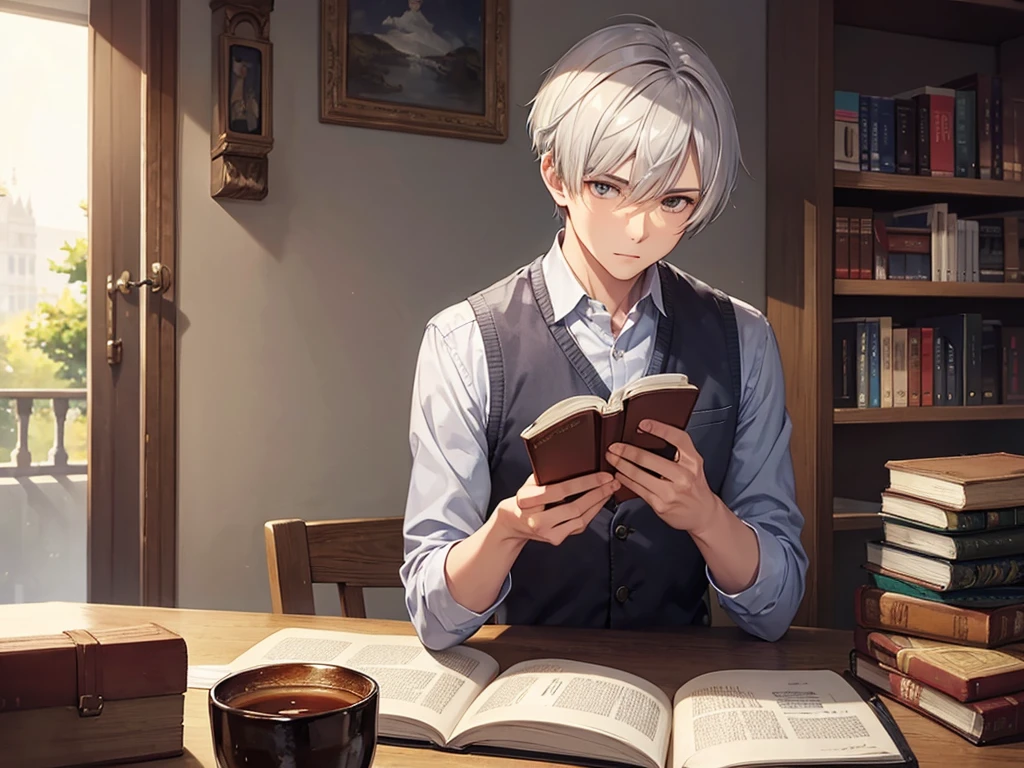 A man with short silver hair and slanted eyes is reading a book alone