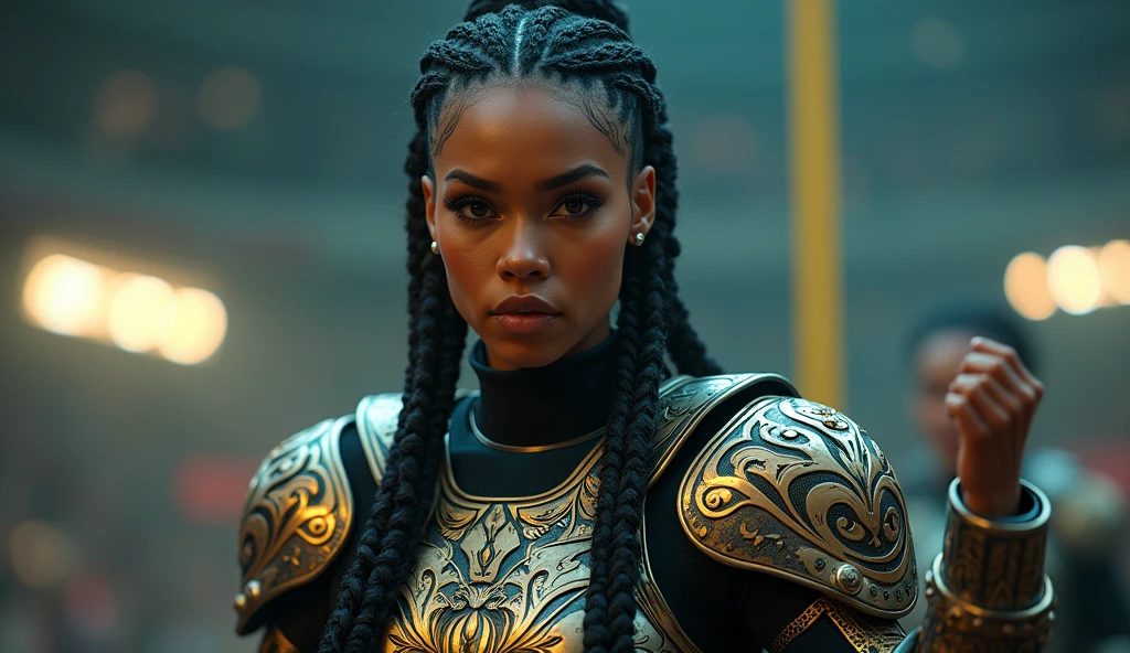 a female rapper in formal rugby armour wear, hip hop motifs, playing rugby rap gestures, 1girl, detailed facial features, hyperrealistic, intricate details, vibrant colors, dramatic lighting, cinematic composition, award-winning digital art, photorealistic, 8k, best quality