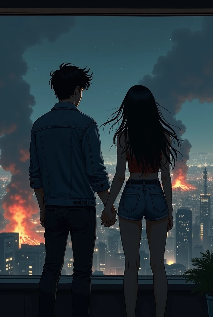 You can recreate an image like the last scene of "The Fight Club" Turning his back and facing a large window with a view of the night and the city, watching a couple of explosions in the background and holding hands, The only difference is that Marla is a girl with long black hair., and the narrator a boy with medium-long hair, black and cracked and a denim jacket.