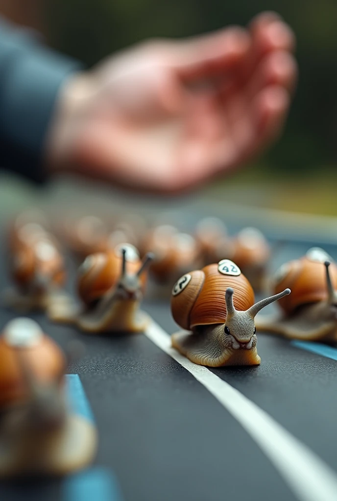 10 of Cerithidea obtusa((rabbit snail)). Racing on track. . Tilt shift photography. Live streaming on tv. Human hand background. Have a number on shell.