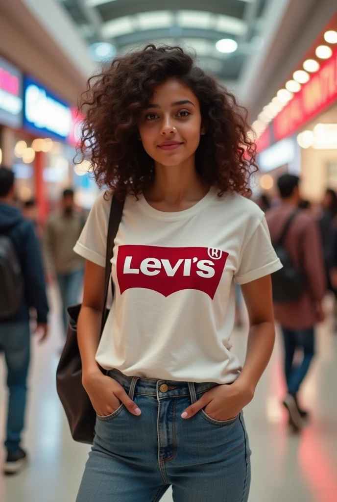 Real Kashmiri Indian aunty age 30 in Levi's t shirt weight 55 kg with cubby chicks dimple chin smoothy hair in mall