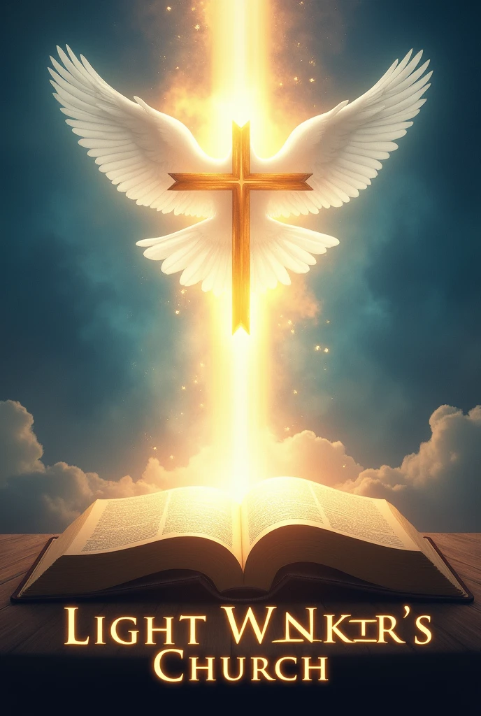 Bright Light shone from Bible with the cross in the middle and holy spirit on top like a dove and write "Light Walker's church" at the bottom, heavenly background 