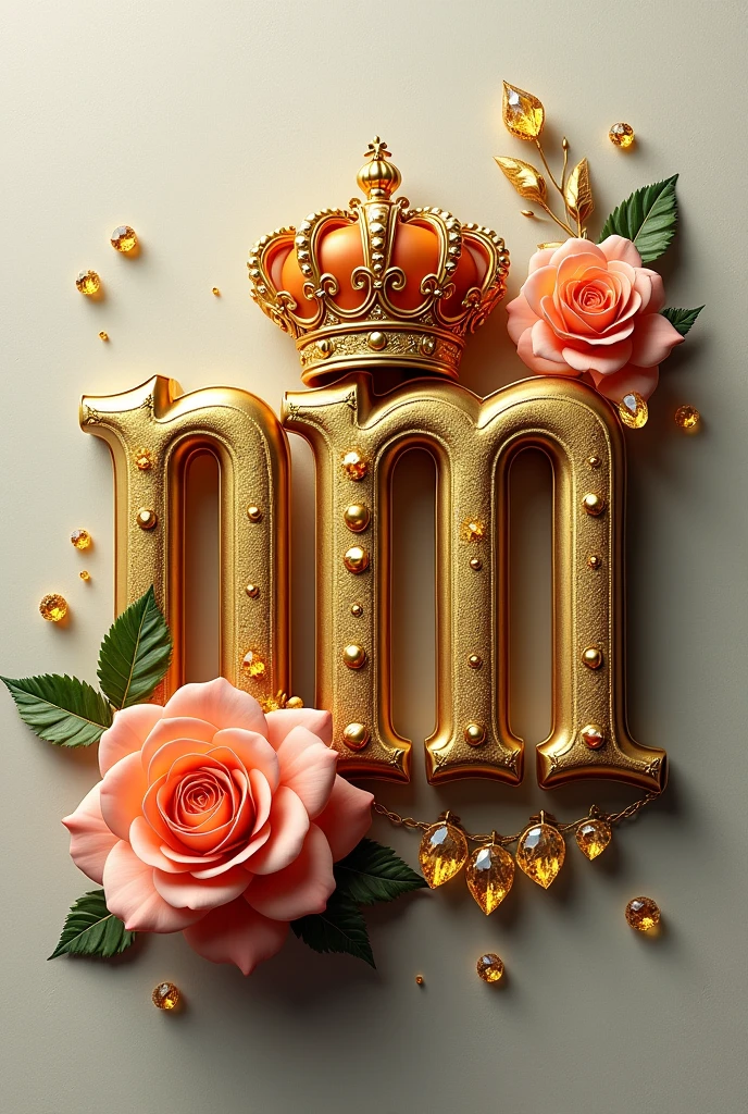 capital typografi font written "NM" bold,artistic,with a rose flower beside it,with a crown on top of it,,and yellow diamonds
