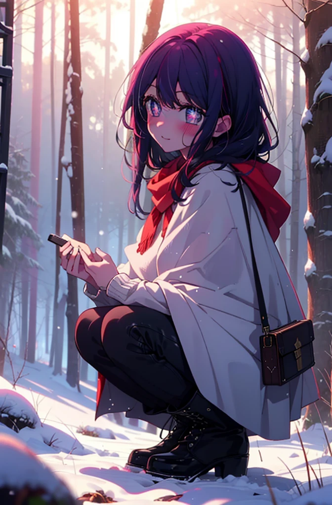 aihoshino, Ai Hoshino, Long Hair, bangs, (Purple eyes:1.1), Purple Hair, (Symbol-shaped pupil:1.5), smile,,smile,blush,white breath,
Open your mouth,snow,Ground bonfire, Outdoor, boots, snowing, From the side, wood, suitcase, Cape, Blurred, , forest, White handbag, nature,  Squat, Mouth closed, Cape, winter, Written boundary depth, Black shoes, red Cape break looking at viewer, Upper Body, whole body, break Outdoor, forest, nature, break (masterpiece:1.2), Highest quality, High resolution, unity 8k wallpaper, (shape:0.8), (Beautiful and beautiful eyes:1.6), Highly detailed face, Perfect lighting, Extremely detailed CG, (Perfect hands, Perfect Anatomy),