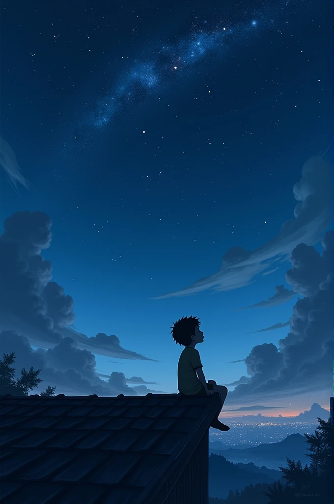 The stars lighting the way for a boy sitting on the roof