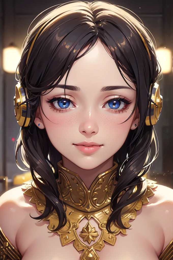 a smiling girl wearing headphones, beautiful detailed eyes, beautiful detailed lips, extremely detailed eyes and face, long eyelashes, beautiful detailed girl, warm lighting, detailed facial features, happy expression, soft focus, cinematic lighting, vibrant colors, intricate details, digital painting, oil painting, masterpiece, (best quality,8k,highres,masterpiece:1.2),ultra-detailed,(realistic,photorealistic,photo-realistic:1.37)