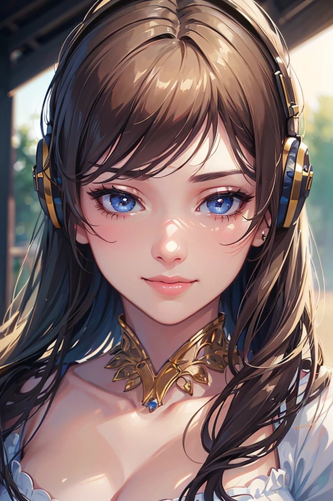 a smiling girl wearing headphones, beautiful detailed eyes, beautiful detailed lips, extremely detailed eyes and face, long eyelashes, beautiful detailed girl, warm lighting, detailed facial features, happy expression, soft focus, cinematic lighting, vibrant colors, intricate details, digital painting, oil painting, masterpiece, (best quality,8k,highres,masterpiece:1.2),ultra-detailed,(realistic,photorealistic,photo-realistic:1.37)