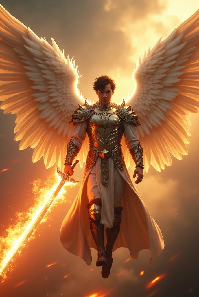 masterpiece, best quality, realistic, ultra detailed, movie poster style, dungeons and dragons character design, celestial, bruneian man with round face, muscular, stylish dark hair, majestic white angel wings, divine power, homoerotic heavy armor, flying mid-air, dramatic slashing with flaming sword towards camera, god rays, extremely dramatic lighting, perfect fingers, perfect hands, perfection