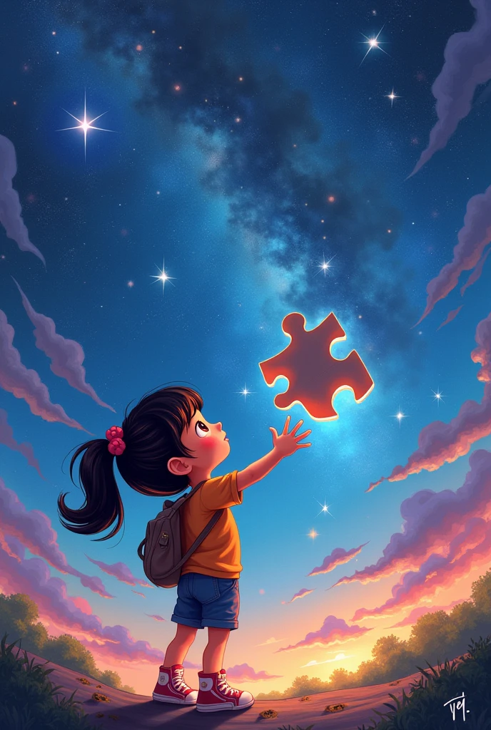 dora style hair 12 year old girl Reaching A piece of puzzle to space